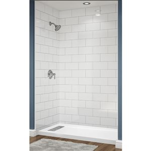 Douche en alcôve Avora Bath fini acrylique blanc à carreaux 3x6 à coulis argent et caniveau à gauche 60 l. x 34 po p.