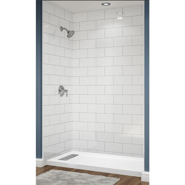 Avora Bath Left Trench Drain 3x6 Tile White Acrylic Alcove Shower System with Silver Grout Lines 60 W x 34-in D