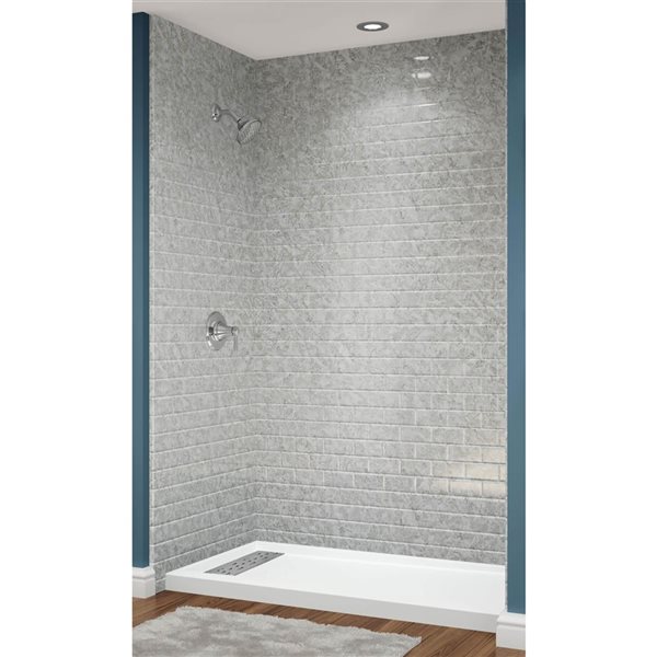 Douche en alcôve acrylique Avora Bath carreaux métro pierre argentée à caniveau européen à gauche 60 l. x 34 p.