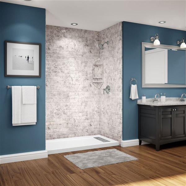 Avora Bath Subway Tile Limestone Shower System with Moulded Seat 60 W x 36-in D x 96-in H