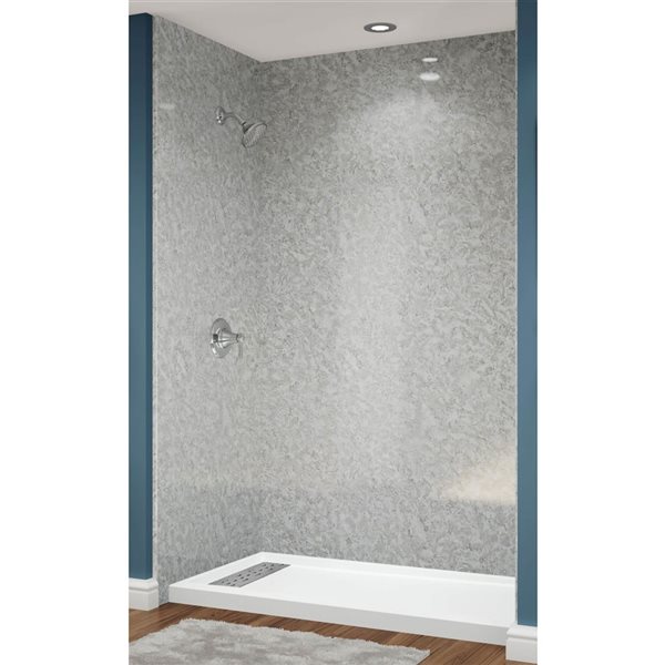 Douche en alcôve acrylique Avora Bath fini pierre argentée à caniveau européen à gauche 60 l. x 32 p. x 96 po h.