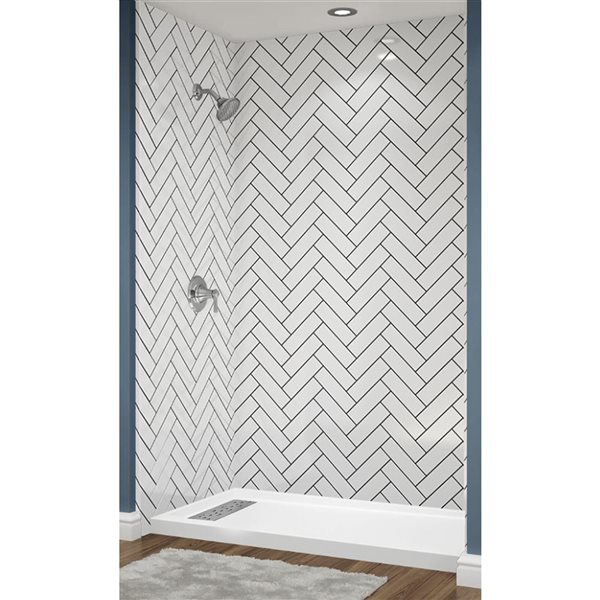 Avora Bath Left Drain Herringbone White Acrylic Alcove Shower System with Black Grout Lines 60 W x 30-in D