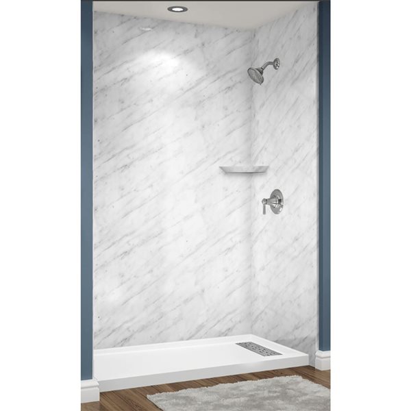 Douche en alcôve Avora Bath acrylique fini marbre de Carrare à drain européen centré 60 l. x 34 p. x 96 po h.