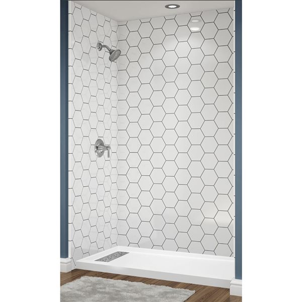 Avora Bath Left Trench Drain Hexagon White Acrylic Alcove Shower System with Silver Grout Lines 60 W x 32-in D