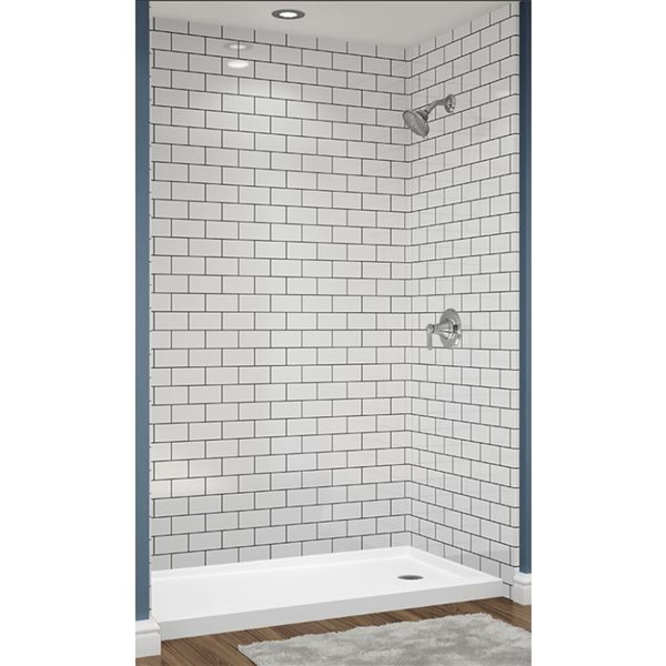 Douche à assise moulée Avora Bath carrelage 3x6 blanc et coulis argent 60 l. x 36 p. x 96 po h.