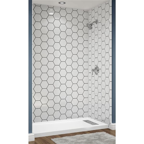 Douche en alcôve Avora Bath carreaux hexagone acrylique blanc à coulis noir et drain centré 60 l. x 34 po p.