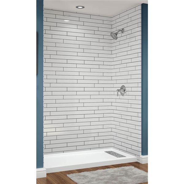 Douche en alcôve Avora Bath panneau Illusions acrylique blanc à coulis argent et caniveau à droite 60 l. x 32 po p.