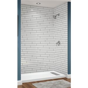 Avora Bath Right Trench Drain Illusions White Acrylic Alcove Shower System with Silver Grout Lines 60 W x 32-in D