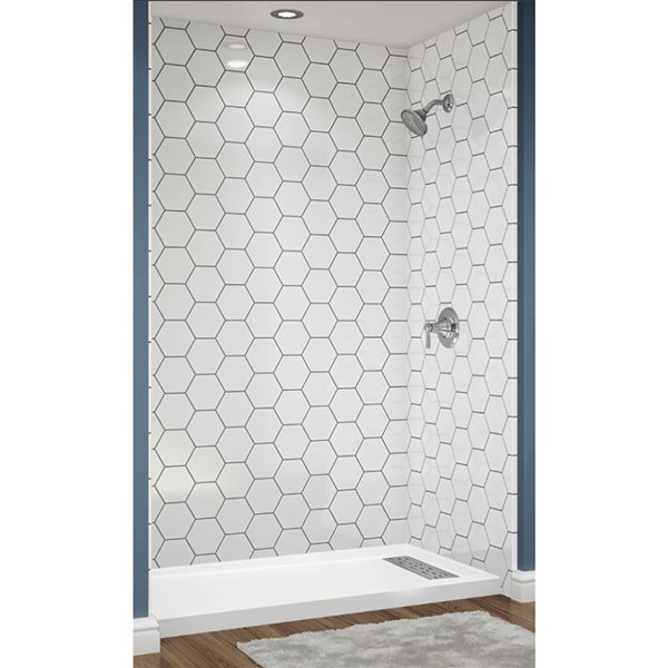 Avora Bath Right Trench Drain Hexagon White Acrylic Alcove Shower System with Silver Grout Lines 60 W x 30-in D