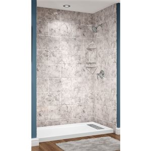 Douche en alcôve acrylique Avora Bath carrelage 11x20 fini calcaire à drain européen centré 60 l. x 30 p. x 96 po h.