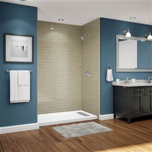 Avora Bath Euro Right Trench Drain Subway Sandstone Acrylic Alcove Shower System 60 W x 34-in D