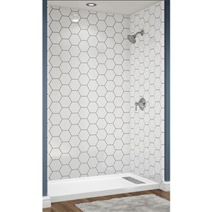 Douche en alcôve Avora Bath carrelage hexagone acrylique blanc à coulis argent et drain à droite 60 l. x 36 po p.