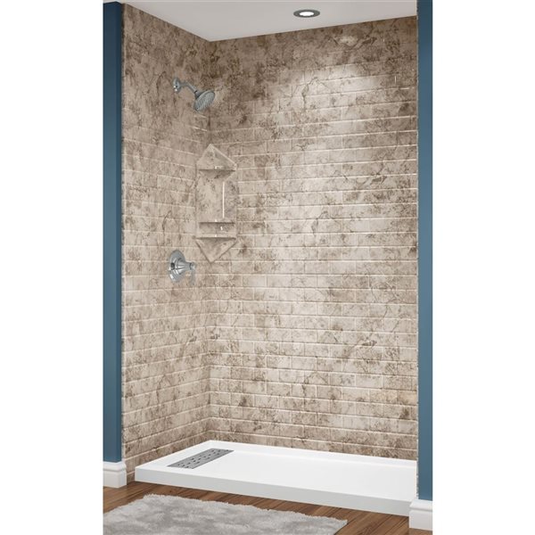 Avora Bath Euro Left Trench Drain Subway Tile Ridgestone Acrylic Alcove Shower System 60 W x 34-in D x 96-in H