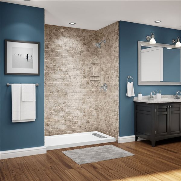 Avora Bath Euro Right Trench Drain Subway Tile Ridgestone Acrylic Alcove Shower System 60 W x 36-in D