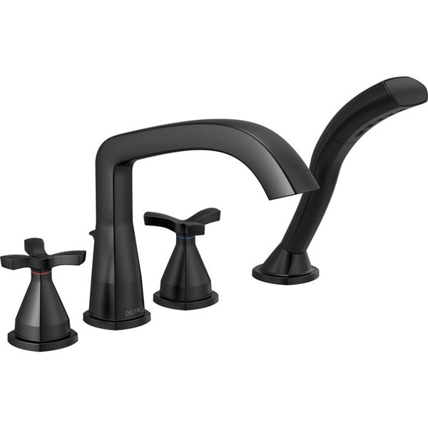 Delta Stryke Matte Black 2-Handle Deck-mount Low-Arc Roman Bathtub Faucet w/ Hand Shower