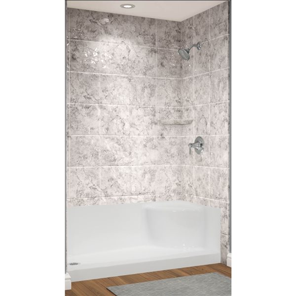 Panneaux de douche et base avec siège moulé Avora Bath 60 l. x 31 p. x 96 po h. acrylique blanc et aspect pierre