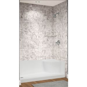 Panneaux de douche et base avec siège moulé Avora Bath 60 l. x 31 p. x 96 po h. acrylique blanc et aspect pierre
