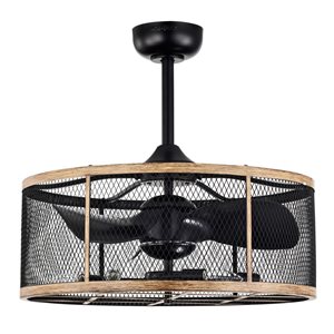 Home Accessories Merdan 24-in 3-Blade 6-Light Matte Black/Woodgrain-Look Metal Cage-Shaped Fandelier w/ Remote