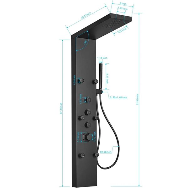 BWE 6-Jet Black Shower Panel System with with Rainfall Shower Head and Shower Wand