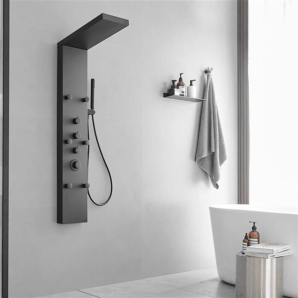 BWE 6-Jet Black Shower Panel System with with Rainfall Shower Head and Shower Wand