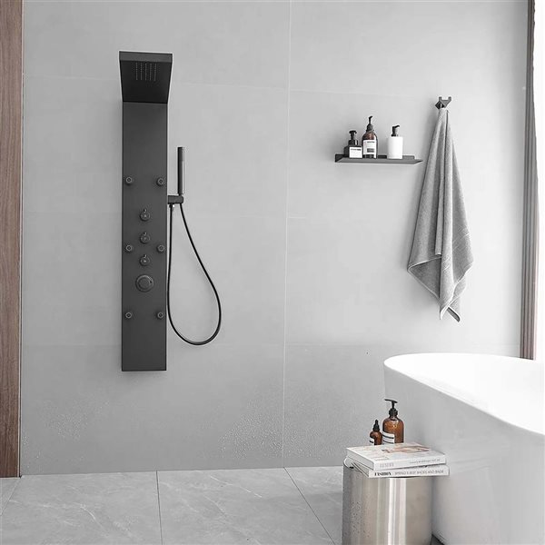 BWE 6-Jet Black Shower Panel System with with Rainfall Shower Head and Shower Wand