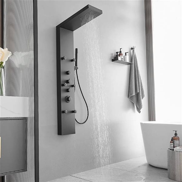 BWE 6-Jet Black Shower Panel System with with Rainfall Shower Head and Shower Wand