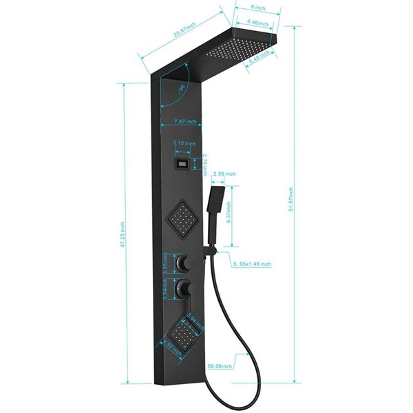 BWE 2-Jet Black Shower Panel System with with Rainfall Shower Head and Shower Wand