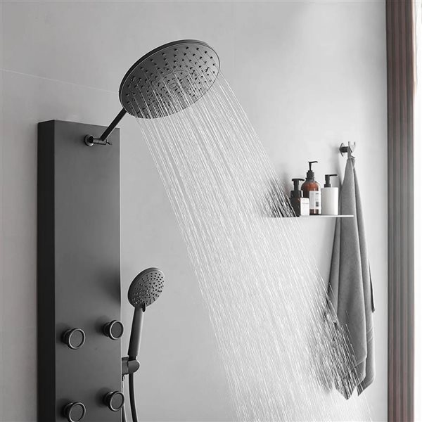 BWE 6-Jet Matte Black Shower Panel System with Rainfall Shower Head and Shower Wand