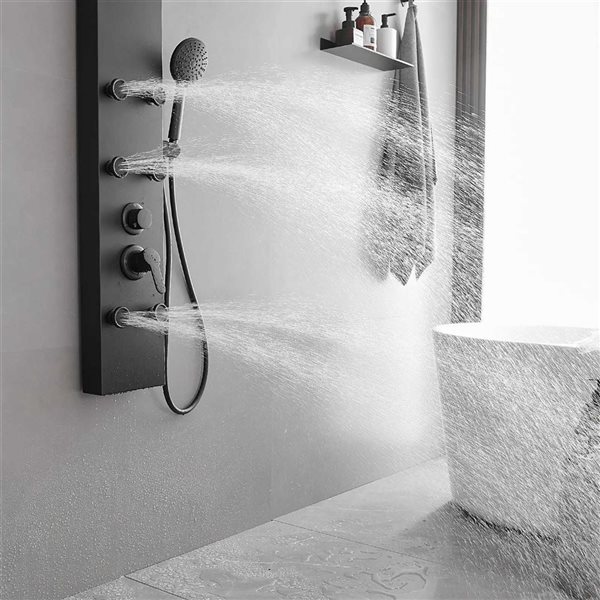 BWE 6-Jet Matte Black Shower Panel System with Rainfall Shower Head and Shower Wand