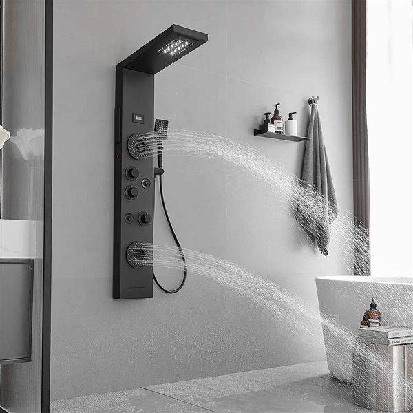 BWE 4-Jet Black Shower Panel System with with Rainfall Shower Head and Shower Wand