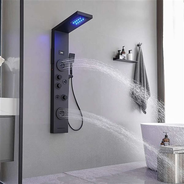 BWE 4-Jet Black Shower Panel System with with Rainfall Shower Head and Shower Wand