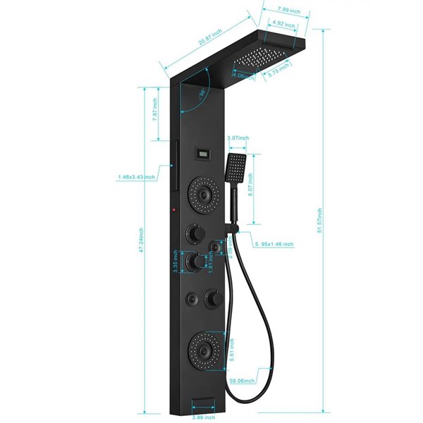 BWE 4-Jet Black Shower Panel System with with Rainfall Shower Head and Shower Wand