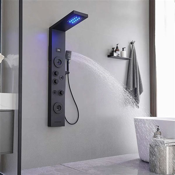 BWE 4-Jet Black Shower Panel System with with Rainfall Shower Head and Shower Wand