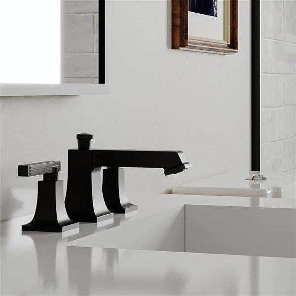 BWE 8-in Black Widespread Double Handle High-Arc Bathroom Faucet w/ Drain Kit