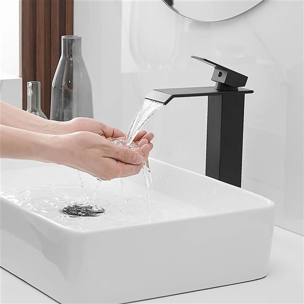 BWE Matte Black Waterfall Single Hole Single Handle Bathroom Vessel Sink Faucet with Drain Kit