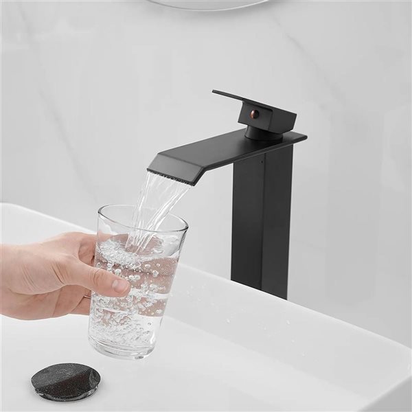 BWE Matte Black Waterfall Single Hole Single Handle Bathroom Vessel Sink Faucet with Drain Kit