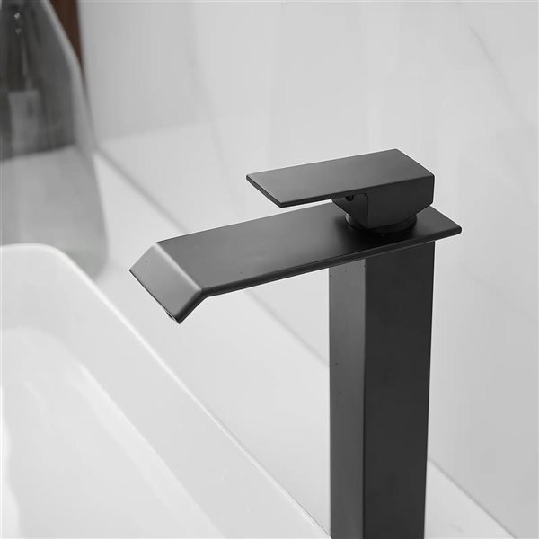 BWE Matte Black Waterfall Single Hole Single Handle Bathroom Vessel Sink Faucet with Drain Kit