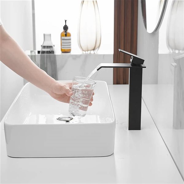 BWE Matte Black Waterfall Single Hole Single Handle Bathroom Vessel Sink Faucet with Drain Kit