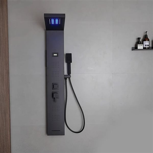 BWE 4-Jet Matte Black Shower Panel System with Waterfall Shower Head and Shower Wand