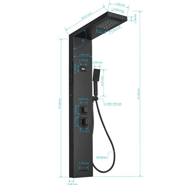 BWE 4-Jet Matte Black Shower Panel System with Waterfall Shower Head and Shower Wand