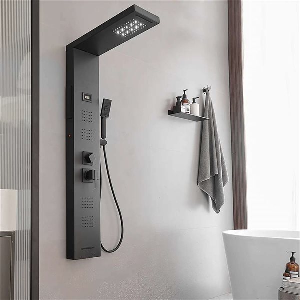 BWE 4-Jet Matte Black Shower Panel System with Waterfall Shower Head and Shower Wand