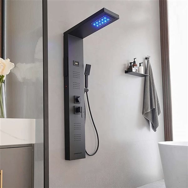 BWE 4-Jet Matte Black Shower Panel System with Waterfall Shower Head and Shower Wand