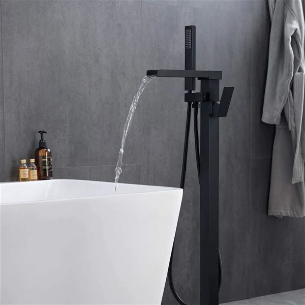 BWE Matte Black Single-Handle Freestanding Floor Mount Tub Faucet Bathtub Filler with Hand Shower