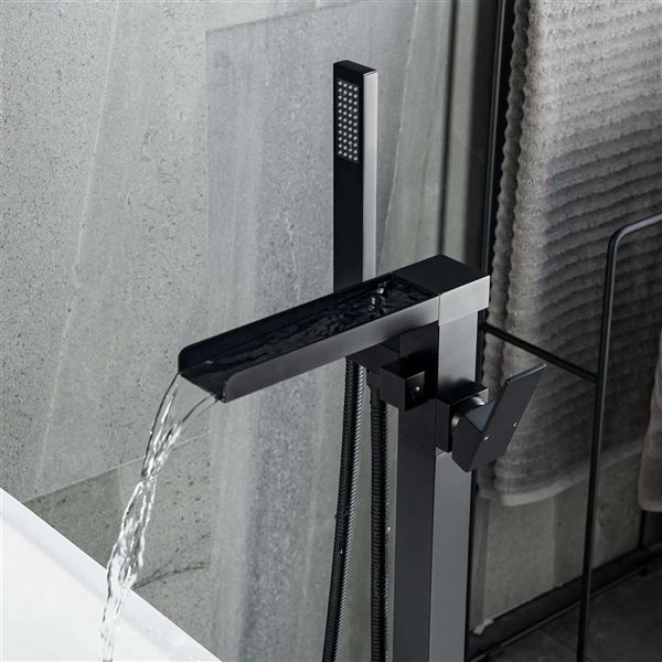 BWE Matte Black Single-Handle Freestanding Floor Mount Tub Faucet Bathtub Filler with Hand Shower