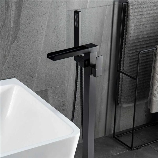 BWE Matte Black Single-Handle Freestanding Floor Mount Tub Faucet Bathtub Filler with Hand Shower