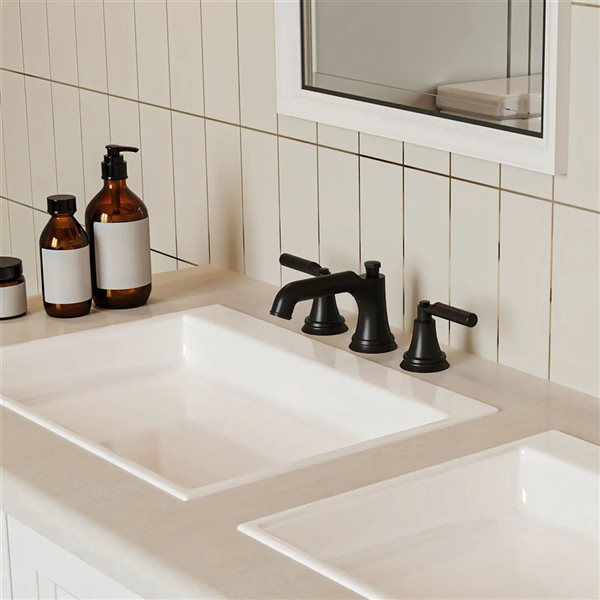 BWE 8-in Matte Black Widespread Double Handle Low-Arc Bathroom Faucet w/ Drain Kit