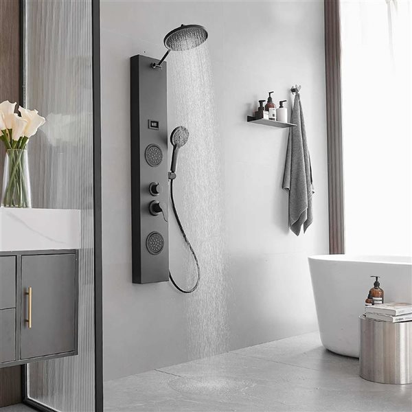 BWE 2-Jet Matte Black Shower Panel System with Rainfall Shower Head and Shower Wand