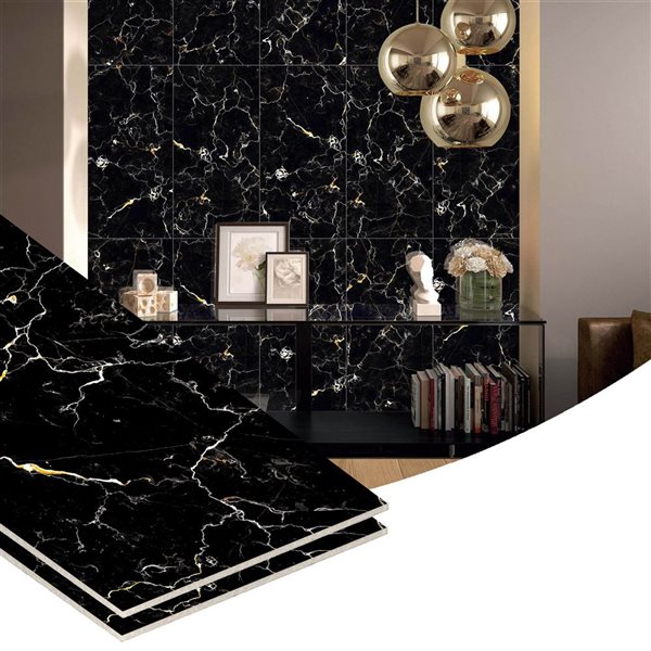 Dundee Deco Black, White, Gold 2 ft X 1 ft Peel & Stick Wall Panels, 9.5 sq ft in total