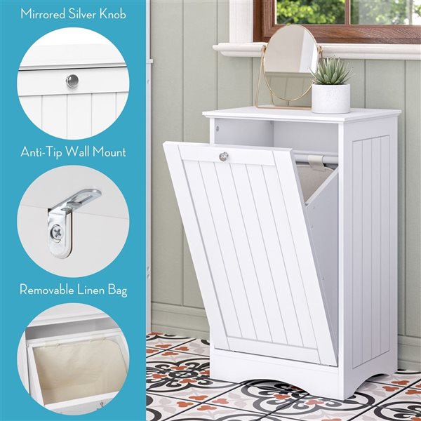 RiverRidge Home Ashland White Tilt-Out Laundry Room Hamper Storage Cabinet w/ Removable Cloth Storage Bag
