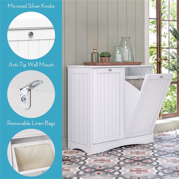RiverRidge Home Ashland White Double Tilt-Out Laundry Room Hamper Storage Cabinet w/ Removable Cloth Storage Bags